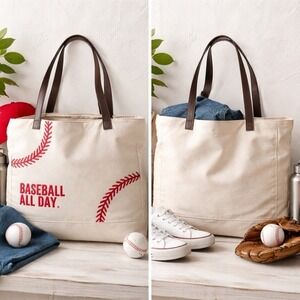 Baseball All Day Canvas Tote Bag with Red Stitching